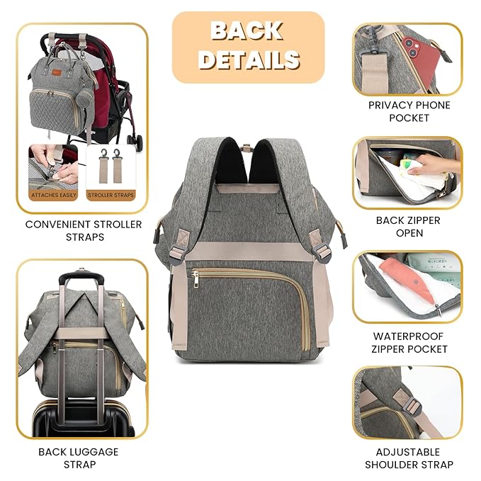ROSEGIN Baby Diaper Bag Backpack with Changing Pad, Pacifier Case, for Boy Girl Toddler - Large, Stylish, Waterproof Travel Quilted Diaper Bag for Mom - Baby Shower Gifts - Grey