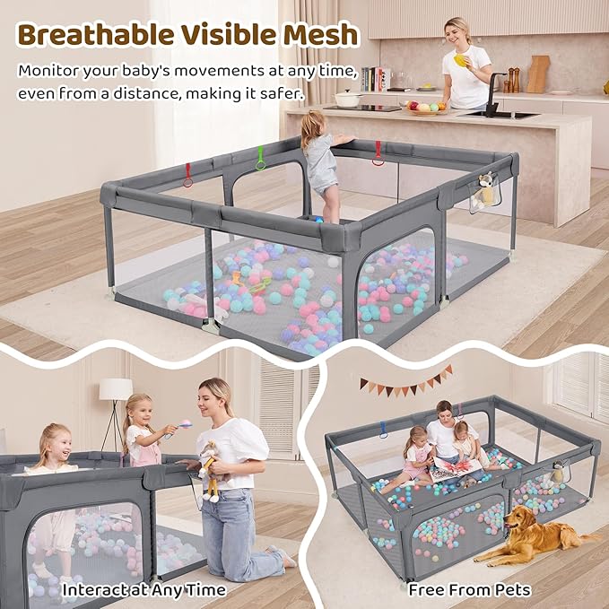 Dripex Large Baby Playpen 71×59 Inch, Large Playpen for Babies and Toddlers- Indoor & Outdoor Kids Safe Play Yard, Soft Breathable Visible Mesh, Anti-Fall & Anti-Slip Design Baby Fence, Light Grey
