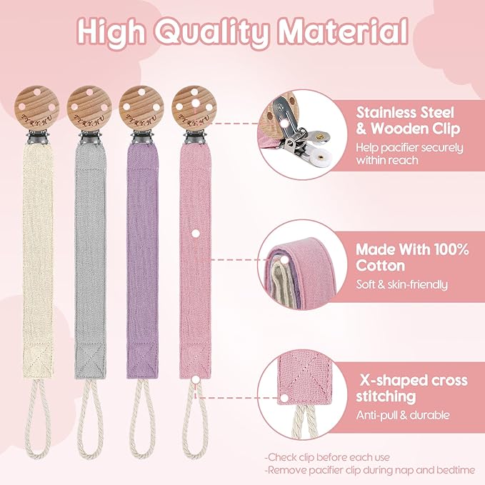 TYRY.HU Ribbon Pacifier Clip Holder,4 Pack Binky Paci Holder Clips, Pacifier Leash, Soft Webbing Strap Universal Fits for Most Pacifier, Styles(Cream,Grey,Rose,Purple)