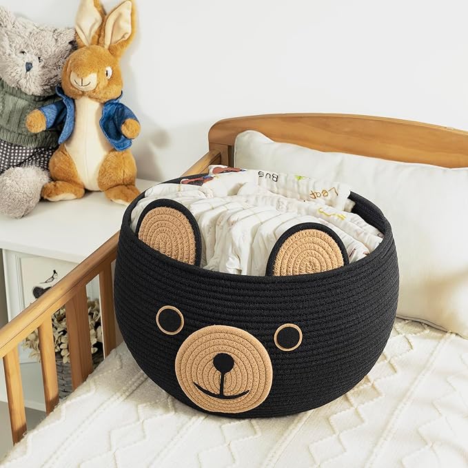 CherryNow Baby Basket for Nursery, Bear Gift Baskets for Kids, Cute Baby Basket for Baby Shower, Decorative Animal Baskets for Living Room, Black, 15.7"D x 10.5"H