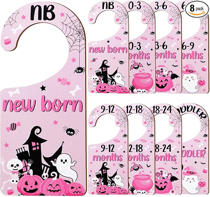 Halloween Baby Closet Dividers 8Pcs – Pink Black Wooden Double-Sided Clothes Size Hanger Organizer from Newborn to Toddler for Nursery Decor Baby Shower (Includes Gift Box)