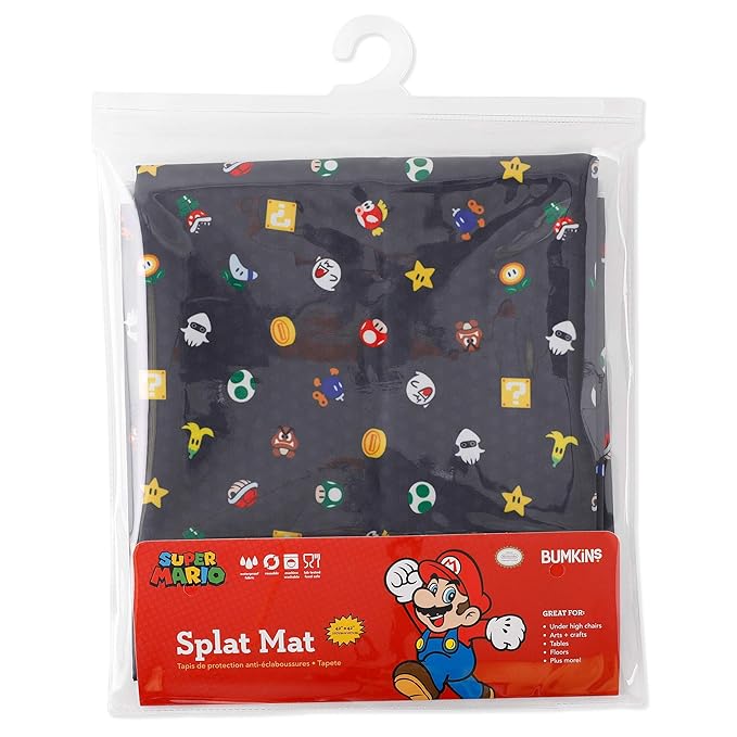 Bumkins Baby Splat Mat for Under High Chair, Babies Toddlers Eating Mess Mat, Waterproof Reusable Cloth for Arts and Crafts, Playtime Mat for Kids, Floor or Table, 42inx42in, Nintendo Super Mario