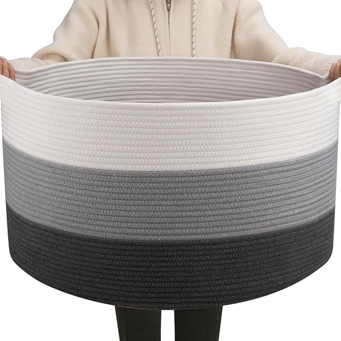 OIAHOMY 90L Blanket Basket for Living Room, Large Basket 23" x 23" x 13" with Handle, Laundry Hamper for Blankets, Pillows, Toy Storage for Kids, Dogs - Gardient Dark Grey