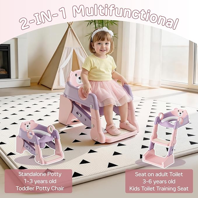 Potty Training Seat, 2-in-1 Toddler Toilet Training Seat & Potty Chair for Kids Boys Girls, Height Adjustable Toilet Seat with Splash Guard, Stable Wide Base Design, Anti-Slip Steps Stool