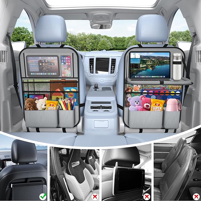 Oneyus 2PACK-Car Backseat Organizer with Touch Screen Tablet Holder,9 Storage Pockets Storage Organizer with Foldable Food Tray, Protector Kick Mats for Kids, Travel Accessories Organizer (Grey)