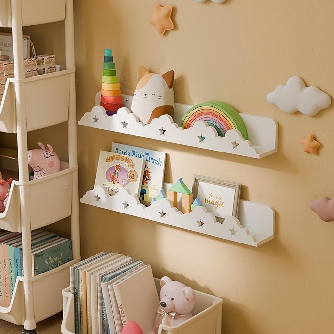 Sumbame Nursery Shelves for Wall Set of 2 - White Cloud Floating Bookshelf for Kids, 24 Inch Scalloped Picture Ledge Shelf, Display Shelf for Baby Bedroom, Nursery Decor, Baby Playroom, Toy Storage