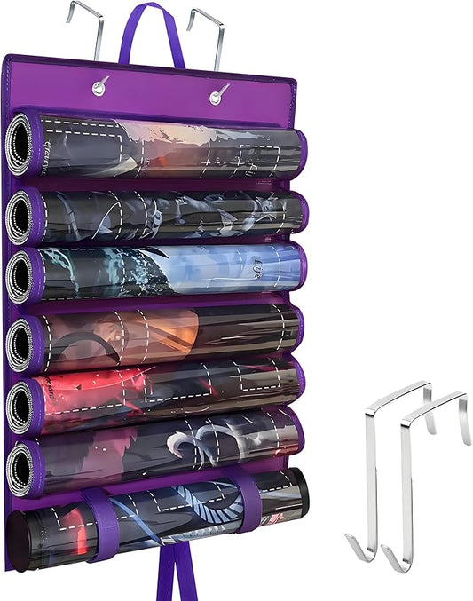 Playmat Holder, Playmat Tube Storage Bag for MTG with 2 Hooks, Fits 6+1 Game Mats & Tubes with Transparent Plastic Slots, Portable Organizer Case for TCG/RPG Mat (Purple)
