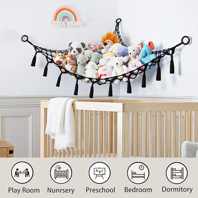 Cotton Stuffed Animal Organizer, Handmade Macrame Hanging Net Hammock for Toy Storage, Boho Decor Room Holder, Triangular, Black, Large, 57x42 inches, 10 lbs Capacity