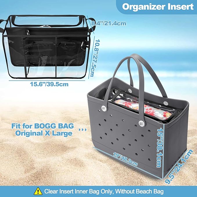 Clear Beach Bag Organizer Insert Compatible with BOGG BAG Original X Large, Zipper Organizer Liner Compatible with BOGG BAG Original X Large, Insert Divider Pouch with 2 Compartments, Black