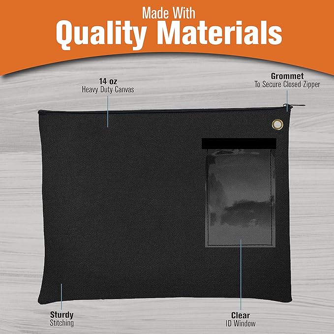 BankSupplies Canvas Interoffice Mailer, 14 oz. - 14W x 11H - Black - Transit Bag - Large Zipper Bag with Grommet - Use with Padlock or Zip Tie for Security - Interoffice Mail Bag