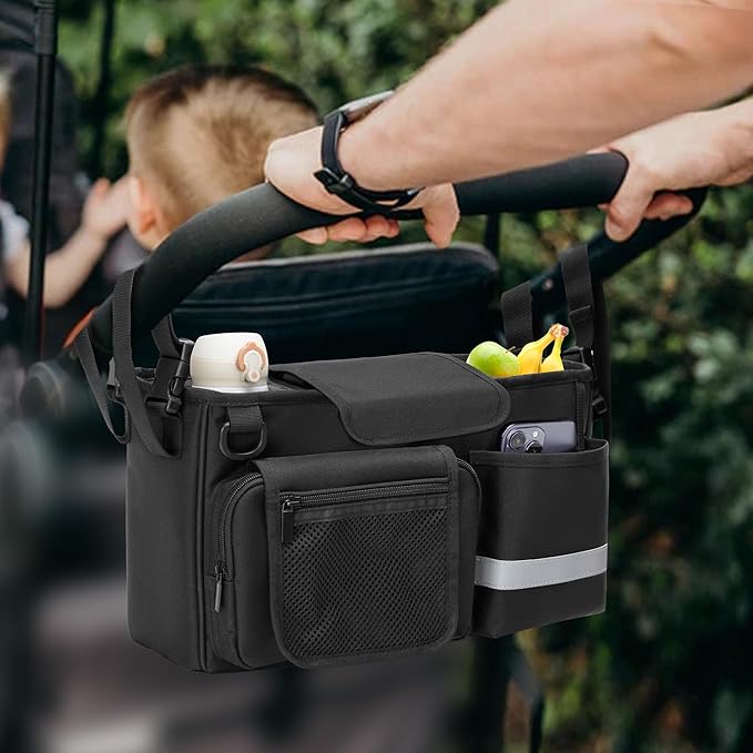 Parent Console Stroller Organizer Compatible with WONDERFOLD W&X, 2 Insulated Cup Holders, A Removable Cooler Bag, Black, Patented Design