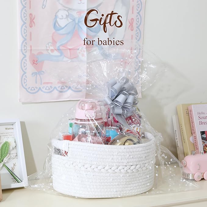 Sea Team Woven Cotton Rope Gift Basket with Gift Bags & Ribbons, Empty Storage Basket, Baby Shower Present, Pet Gift or Nursery Storage Bin, 13.4 x 9.1 x 7.1 Inches, White
