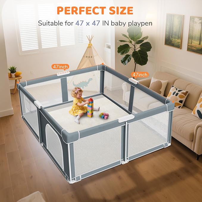 Omzer Baby Play Mat for Floor - 1.3" Thick Foam 47x47 Inch Playpen Mats with Removable & Washable Cover for Tummy Time, Soft Coral Velvet & Non-Slip Crawling Pad for Babies, Toddlers, Infants - Khaki