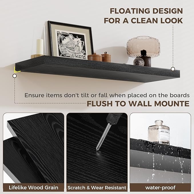 Fun Memories 12 Deep Floating Shelves for Wall, 48W x 12D Extra Large Floating Shelves Set of 2, Hanging Wood Wall Shelves for Living Room, Kitchen, Bedroom, Farmhouse, Laundry Room, Office - Black