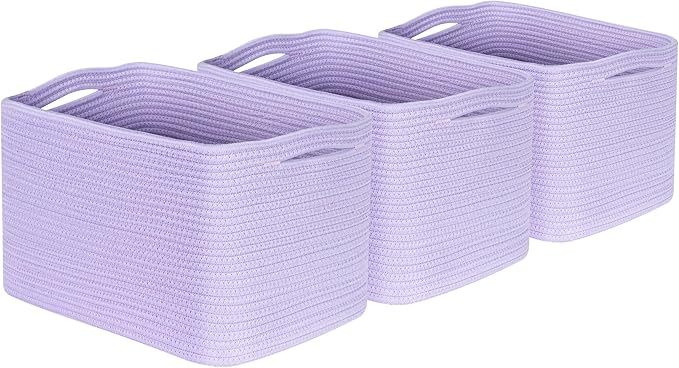 MINTWOOD Design 3-Pack Storage Baskets and Cube Bins for Shelves, Playroom and Classroom, Decorative Woven Closet Organizers for Books, Shoes, and Pantry Items, Lavender Purple