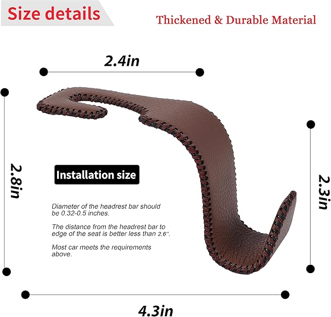 Amooca Car Seat Headrest Hook Universal Vehicle Storage Hanger Leather with Metal Car Seat Back Organizer for Handbag Purse Coat Brown 4 Pack