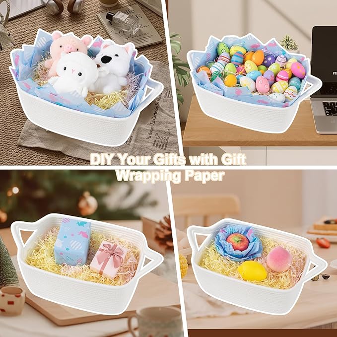 OIAHOMY Woven Basket, Gift Basket Empty with Gift Bags, Ribbons and Wrap Tissue Paper, Rope Baskets for Baby Showers, Storage Baskets with Handles for Nursery, Pet Toy Organizer - Easter White
