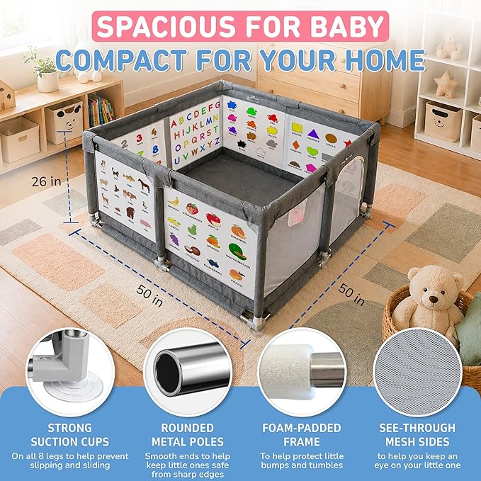 Baby Playpen 50x50 - Educational Play Yard with 6-Sided Learning Panels - Toddler Play Area Indoor Outdoor - Breathable Mesh Safety Enclosure