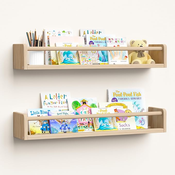 upsimples 2 Pack Nursery Book Shelves, 23.6 Inch Floating Bookshelves for Wall, Baby Nursery Decor, Small Solid Wood Wall Mounted Shelves for Baby Kids Boys Girls, Natural