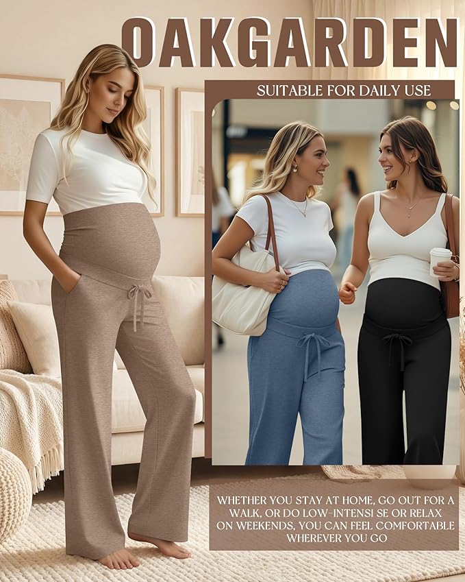 3 Pcs Maternity Sweatpants Over The Belly Pregnancy Straight Wide Leg Elastic Drawstring Pants Joggers with Pockets