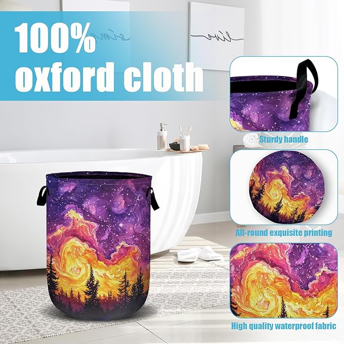 Purple Galaxy Forest Laundry Basket, Laundry Hamper Collapsible Oxford Cloth with Handle Clothes Toy Storage Bin for Bathroom Laundry Room Bedroom 15.7 X 20 Inch