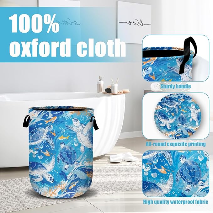 Sea Turtle Laundry Basket, Ocean Fish Coral Laundry Hamper Collapsible Oxford Cloth with Handle Clothes Toy Storage Bin for Bathroom Laundry Room Bedroom 15.7 X 20 Inch