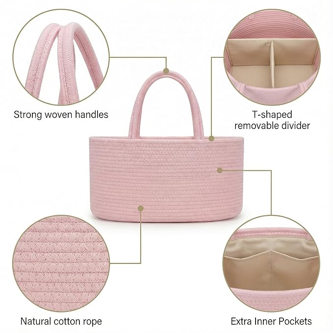 luxury little Diaper Caddy Organizer, Large Cotton Rope Nursery Baby Basket, Changing Table Organizer for Baby Diaper Storage, Portable Car Organizer Removable Divider (Light Pink, Extra Large)