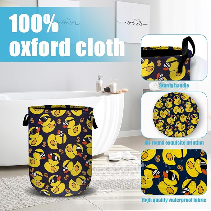 Yellow Duck Laundry Basket, Laundry Hamper Collapsible Oxford Cloth with Handle Clothes Toy Storage Bin for Bathroom Laundry Room Bedroom 15.7 X 20 Inch