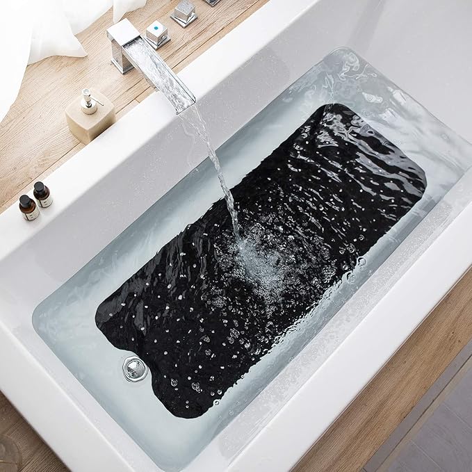 TEESHLY Bathtub Mats for Shower Tub, Extra Long Non-Slip 39 x 16 Inch Bath Mat with Drain Holes and Suction Cups, BathMat for Bathroom with Machine Washable (Opaque Black)