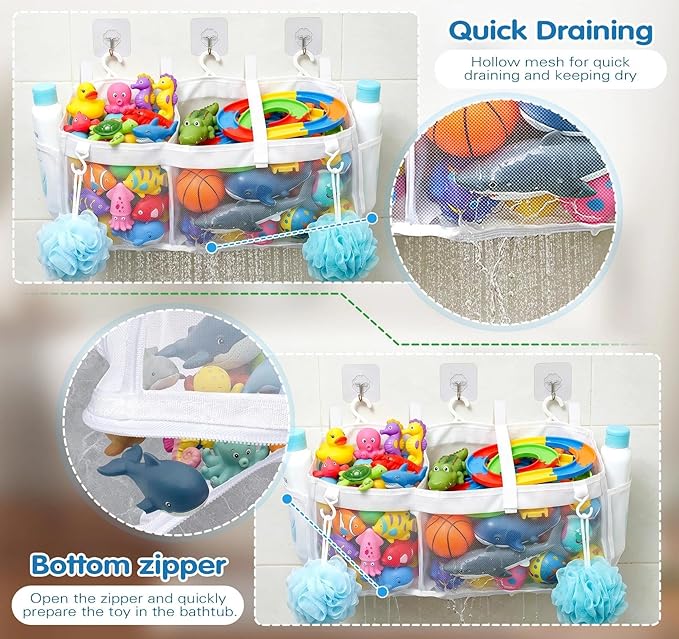 Extra Large Openings Bath Toy Organizer with 2 Compartments and Multiple Pockets, Quick-Dry Mesh Bathtub Toy Storage and Holder for Easy Access and Sorting of Toys