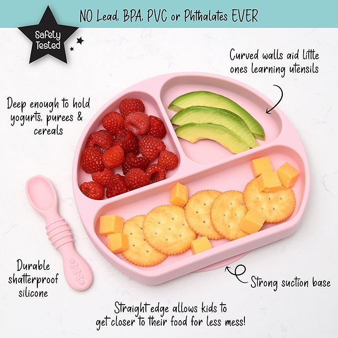 PrimaStella Unbreakable Silicone Non-Slip Baby & Toddler Plate and Spoon Feeding Set - Pink