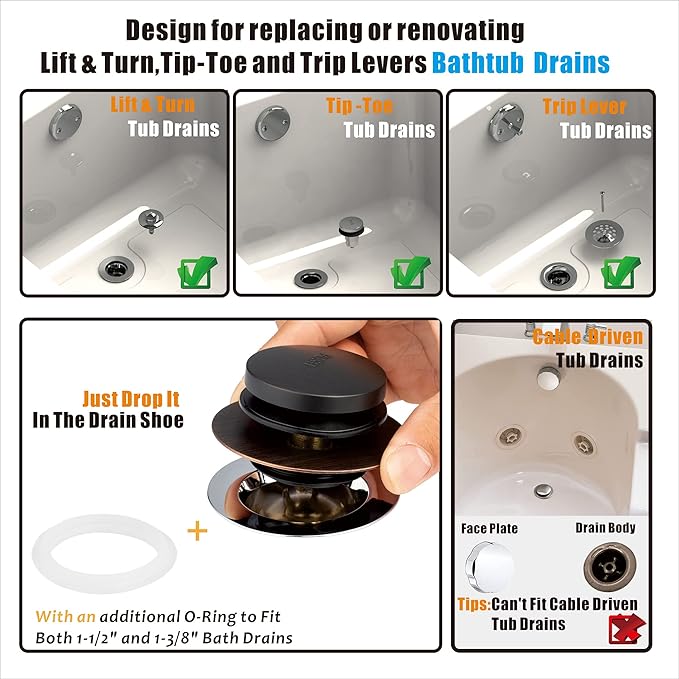 Artiwell Universal Tip Toe Bath Drain Stopper and Cover, Bathtub Drain Stopper, Replaces Lift and Turn, Tip-Toe and Trip Lever drains for Tub, EZ Installation and Clearing (Oil Rubbed Bronze)