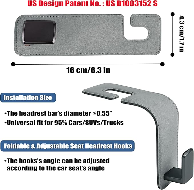 Amooca Car Seat Back Hook Universal Auto Storage Hanger Suede with Metal Car Seat Organizer for Handbag Purse Coat Umbrellas Grocery Bags 2 Pack Light Gray