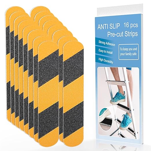 Anti Slip Tape, 16pcs Non Slip Pre-Cut Strips, Treads Safety Non Skid Adhesive Strips for Ladder, Step Stool and Stair (2" x 12", Black/Yellow)