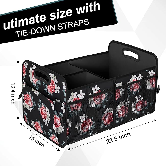 Femuar Car Trunk Organizer,Car Storage Organizer with 72L Large Capacity Waterproof Collapsible and 11 Pockets,Trunk Organizer for Car Suv/Jeep/Sedan, Large Size, Flower