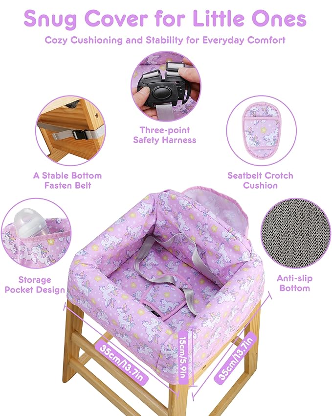 High Chair Cover Portable with 3-Point Harness, Waterproof Baby Seat Cover for Restaurant Travel Home Use, Machine Washable, Fits Wooden Chairs (Purple Unicorn)