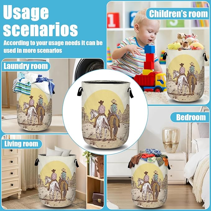 Cowboys Riding Horses Laundry Basket, Laundry Hamper Collapsible Oxford Cloth with Handle Clothes Toy Storage Bin for Bathroom Laundry Room Bedroom 15.7 X 20 Inch