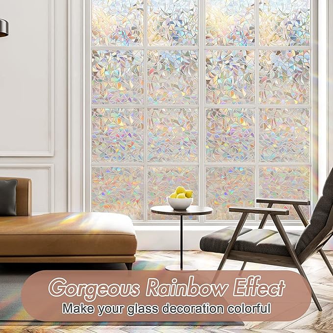 Haton Window Privacy Film, Stained Glass Rainbow Film Decorative Window Clings, Static Cling Sun Blocking Stickers Decals Coverings Tint for Home Heat Control, Non-Adhesive 29.5" x 78.7"