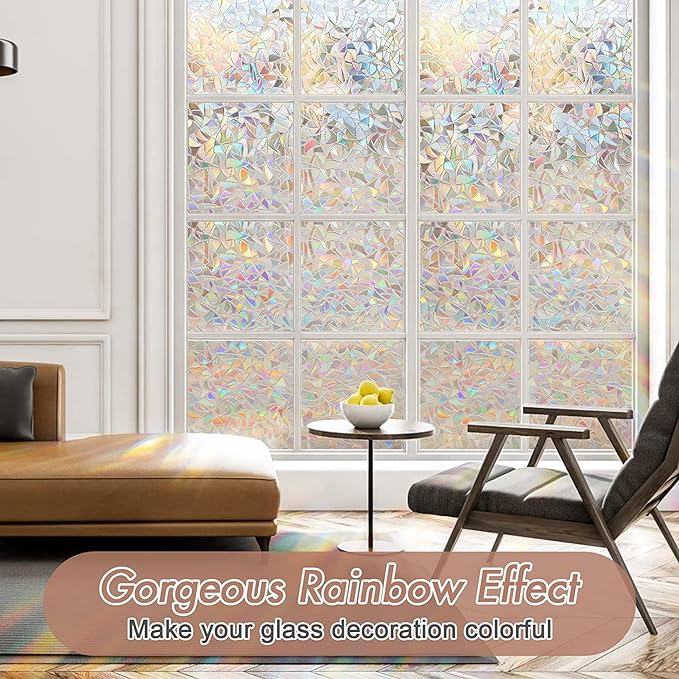 Haton Window Privacy Film, Stained Glass Rainbow Film Decorative Window Clings, Static Cling Sun Blocking Stickers Decals Coverings Tint for Home Heat Control, Non-Adhesive 23.6" x 118.1"