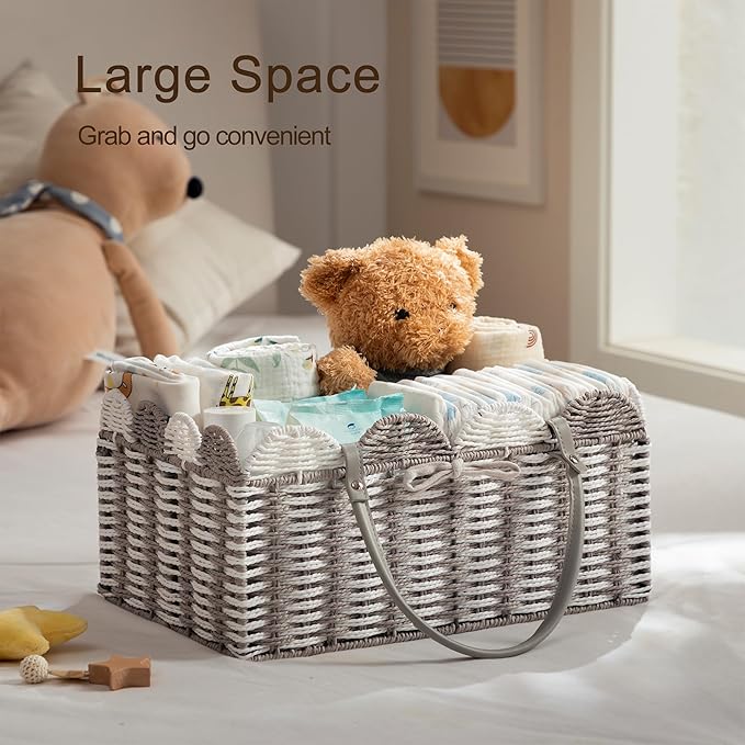 HBlife Baby Diaper Caddy, Paper Rope Storage Baskets Nursery Bin with Removable Divider, Portable Car Organizer for Diapers, Baby Shower Gifts, Newborn Essentials Must Haves