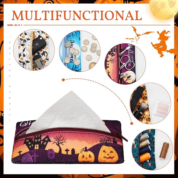 Sherr 5 Pieces Tissues Purse Pocket Tissue Holder Reusable Travel Tissue Pouch Fabric Zipper Enclosed Small Size Bat Pattern Tissue Holder for Purse Coins for Halloween, 5.25 x 3 Inches (Pumpkin)