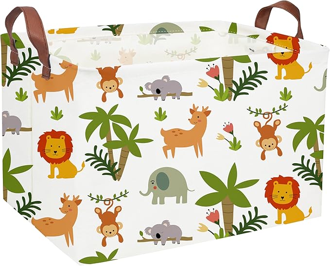 Essme Rectangular Animals Storage Basket,Green Baskets,Nursery Storage Bin Organizer with Handles for Jungle Decor,Shelf Bins,Animal Basket.(Jungle animal)