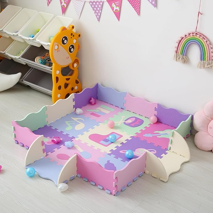 Tamiplay Foam Play Mat for Kids，25Pcs Square Interlocking Puzzle Floor Mat，Baby Play Mat Floor Mat Foam Puzzle Playmat for Toddlers with Fence（Musical Instrument-CSH016