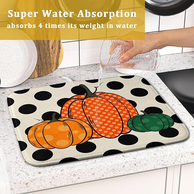 Autumn Pumpkin Dish Drying Mat for Kitchen Counter,Black Round Dot Decoration Drying Mat 16 x 18 Inch with Absorbent Reversible Microfiber Dish Drying Pad Dish Rack Drainer Mat for Coffee Bar