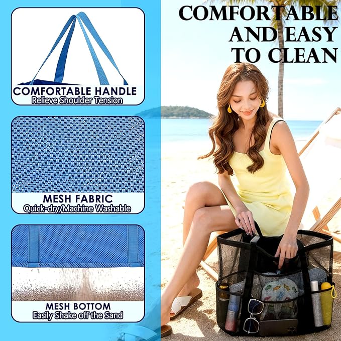 Mesh Beach Bag, Large Beach Tote with Zipper Pocket for Family Pool Bag for Toys & Vacation Essentials