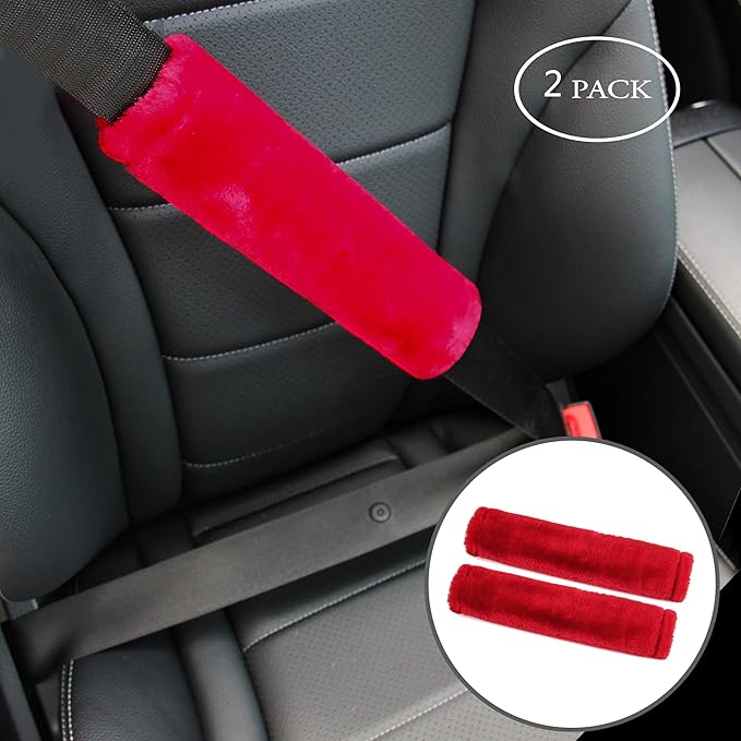 Amooca Soft Faux Fur Universal Fit Seatbelt Cover Car Truck SUV Airplane Seat Belt Shoulder Pad for Carmera Backpack Straps Neck Cushion Protector 2 Pack 10.5in Red