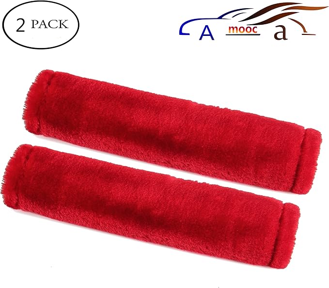 Amooca Soft Faux Fur Universal Fit Seatbelt Cover Car Truck SUV Airplane Seat Belt Shoulder Pad for Carmera Backpack Straps Neck Cushion Protector 2 Pack 10.5in Red
