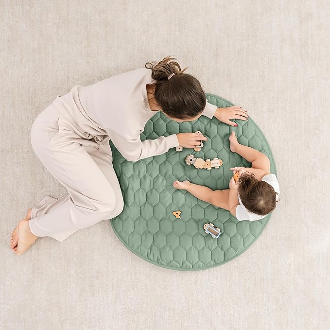 Comfy Cubs Round Kids Play Mat -Small 36 inches Soft Quilted Baby Floor Mat with Non-Slip Bottom - Plush Design for Toddlers' Playtime - Comfortable and Durable - Fern