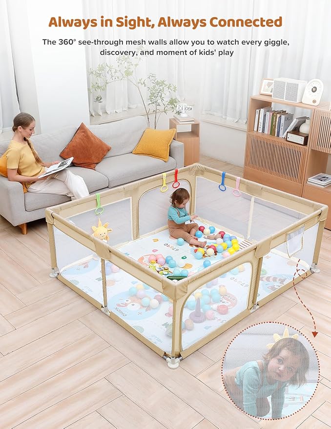 Dripex Baby Playpen with Mat, 71"x59" Play Pen for Toddlers 1-3 Years, Soft Breathable Visible Mesh, Indoor/Outdoor Portable Play Yard with Mat, Safe Baby Fence Play Area, Beige