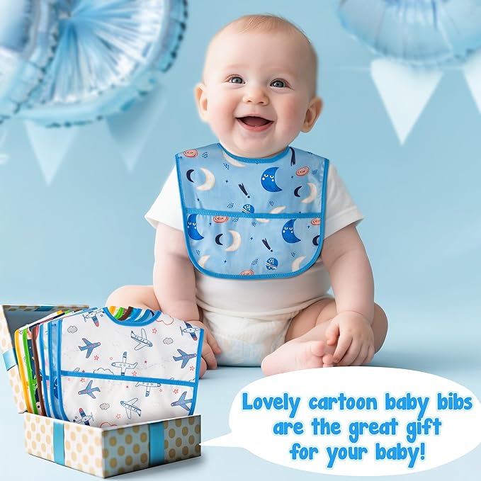 2ooya 6Pcs Baby Bibs for Eating Toddler Adjustable Feeding Bibs with Crumb Catcher Pocket Waterproof Sleeveless Teething Plastic Food Bib Set Infant Keepsake Gift for Baby Shower, 6-24 Months